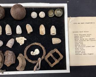 AMERICAN CIVIL WAR RELIC COLLECTION, 3 RING MINIÉ BULLET, MUSKET BALL, SHARPS CARBINE BULLET, BULLET CASING & ARTILLERY SHELL FRAGMENT, IRON BUCKLE, SADDLE RING, BRASS RIVET, UNIFORM BUTTON, PONCHO EYELET, KNAPSACK HOOK, PERCUSSION PRIMER CAPS