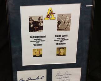 ARMY CADET FOOTBALL DOC BLANCHARD & GLENN DAVIS AUTOGRAPHED FRAMED DISPLAY. KNOWN AS MR. INSIDE AND MR. OUTSIDE DOC WON THE HEISMAN TROPHY IN 1945