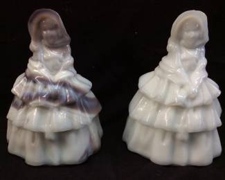 (2) BOYD ART GLASS LOUISE COLONIAL LADY SLAG GLASS FIGURINES, 4in
