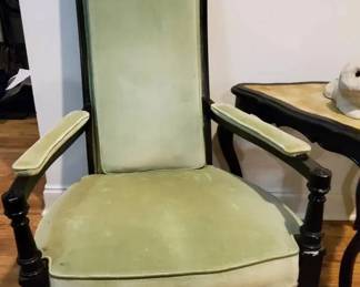 Designer Corner Seating Set  Sage Green Velvet HighBack Chair, Wood Table,  Sandra Brue Statue