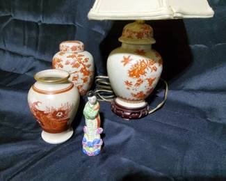 3Piece Asian Decor Set  Porcelain Table Lamp, Ginger Jar,  Floral Vase