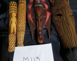 HandCarved African Tribal Mask Duo with Decorative Bamboo Accents