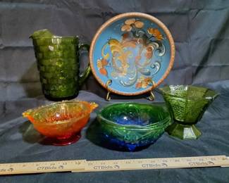  09 In Living Color  Vintage Glass  Folk Art Lot  Rosemaling Bowl, Amberina,  Cubist Pitcher