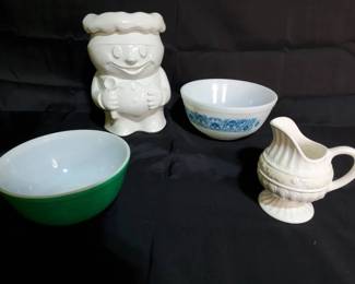 A Vintage Kitchen Lot  Pyrex Mixing Bowls, Chef Cookie Jar  Ornate Pitcher