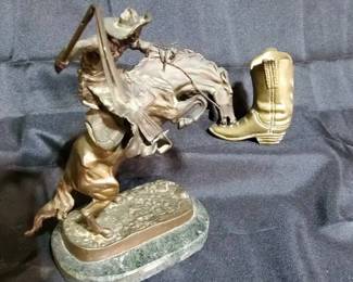 The Bronco Buster Frederic Remington Western Sculpture  Vintage Solid Brass Boot