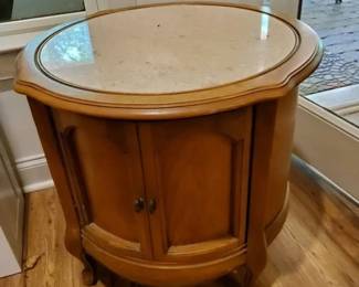 Vintage French Provincial Drum Table  Inlaid Marble Top Accent End Table