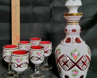 Vintage Handpainted Floral Cordial Set And Decanter  Ruby Red Interior