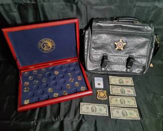 Law Enforcement  Currency Lot  1909 Penny,  Bill Lot Secret Service Bag, Cobb County 75th Badge,