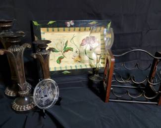 Boho Chic Home Decor  Wine Enthusiast Lot  Painted Wood Tray, Papillon Accents  Jumbo Glass