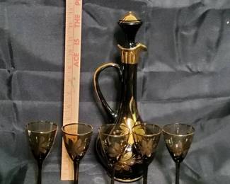 Vintage Mid Century Black  Gold Floral Decanter Set  6Piece Decanter  Stemware