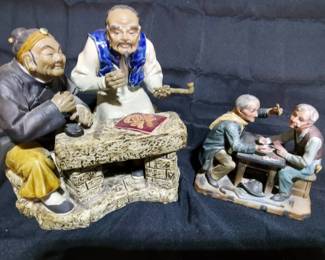 Cultural Collectibles Lot  Vintage Asian Mudmen Figurine  European Card Players Bisque Statues