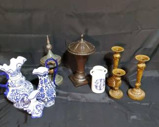 French Country Decor Lot  Blue  White Pitchers, Southern Living Urns  Farmhouse Accents