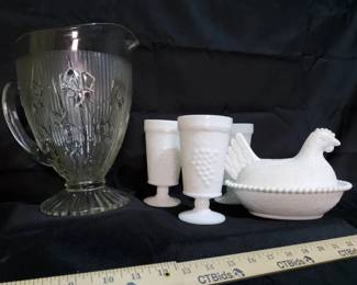Vintage Glassware Lot  Depression Glass Pitcher  Milk Glass Collection