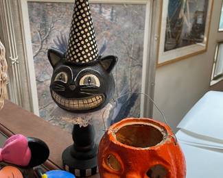 Paper Mache Black Cat Decoration, Circa 1930s Paper Mache Jack O'Lantern