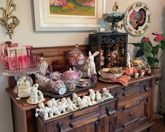 Jacobean Revival Style Dark Oak Sideboard,  Department 56 Snowbabies 