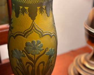 Art Nouveau Floral Etched Green Cameo Glass Vase