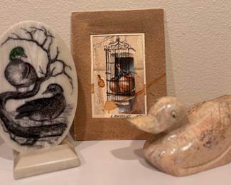 1987 Edna Fenton Etched Duck Art Plaque with Base, Hand-Carved Stone Duck Figurine