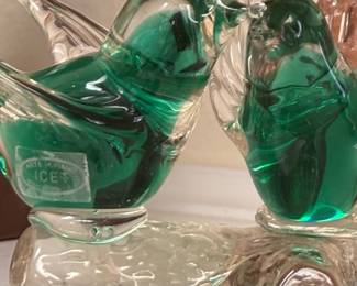 Arte Murano ICET Green & Clear Art Glass Bird Figurines