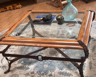 Adnet Hermes Style Equestrian Ranch Motif Square Glass-Top Coffee Table