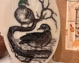 1987 Edna Fenton Etched Duck Art Plaque with Base