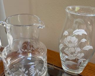 Floral Etched Clear Glass Pitcher, Floral Etched Glass Vase