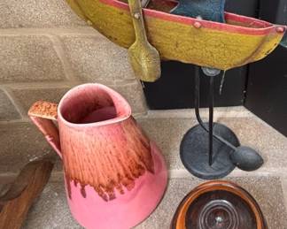 Pink & Brown Drip Glaze Pottery Pitcher, Kinetic Balancing Man Rowing Boat Metal Toy