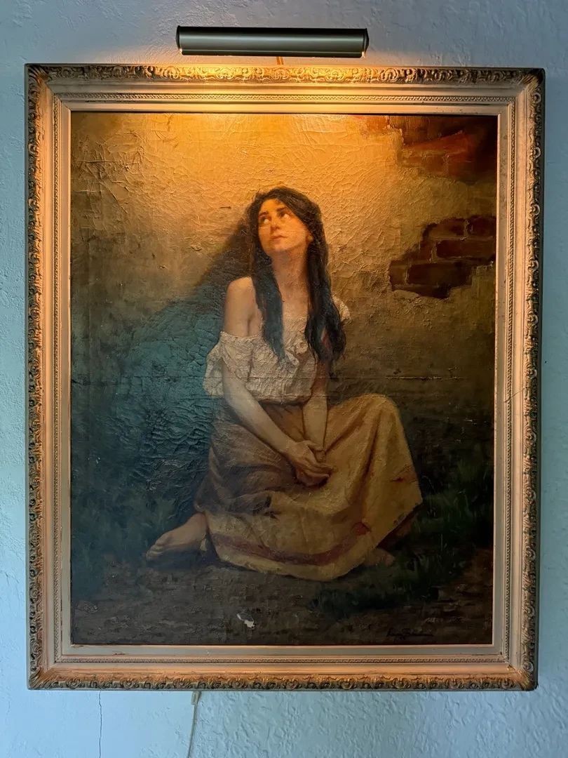  01 Large Romantic European Oil Painting of Seated Woman  41 x 51 Framed  Spain Estate Find