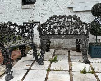 Cast Iron Garden Bench And Chair , Side Table  Faux Topiary
