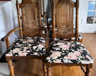 5 Consolidated Furniture Indus. Vintage Wood, Cane, Fabric Dining Chairs
