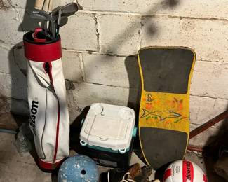 Various Sporting Items Skateboard, Golf, Skating, Bowling