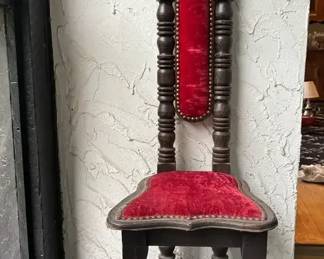 Vintage High Back Spanish Jacobean Prayer Chair With Dark Wood  Fabric