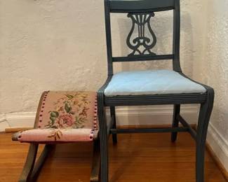 Vintage Needlepoint Rocking Footstool, Painted Wood Chair With Fabric Seat