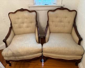 2 Vintage F. Meyer Interiors Carved Wood  Fabric Arm Chairs