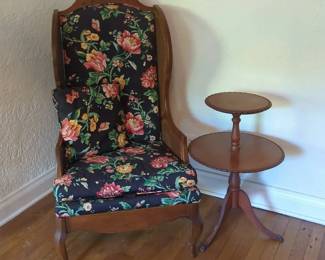  06 Wingback Wood and Cane Upholstered Chair with Round Pedestal Side Table