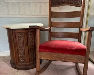 Carved Wood  Velvet Seat Rocking Chair, Vintage Side Table