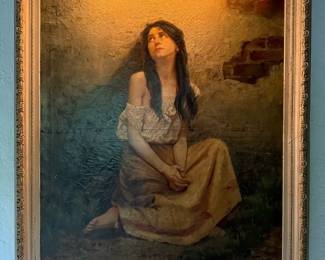  01 Large Romantic European Oil Painting of Seated Woman  41 x 51 Framed  Spain Estate Find