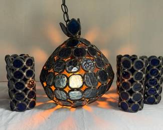 MCM Cobalt Stained Glass Pendant Light with Sconce Shades