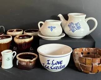 Vintage Drip Glaze Dishes, Brown Crock WLid, Stoneware More