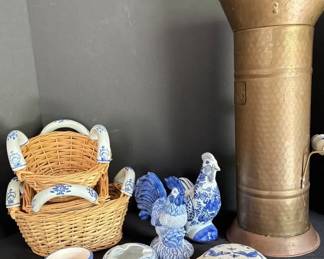 Vintage Baskets With Ceramic Handles, Brass Coal Scuttle Bucket W Ceramic Grip  Blue  White Decor