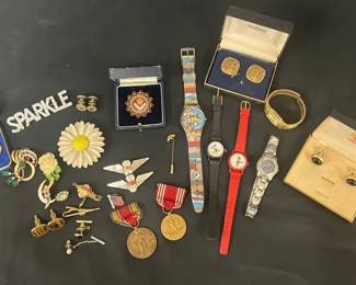 Vintage Brooches, Watches, Cufflinks  Medals