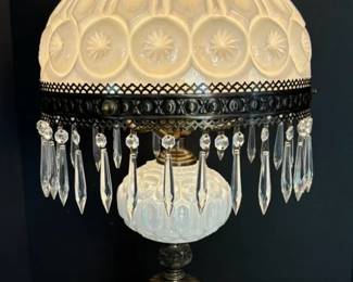  02 Vintage Milk Glass  Brass Table Lamp with Glass Prisms