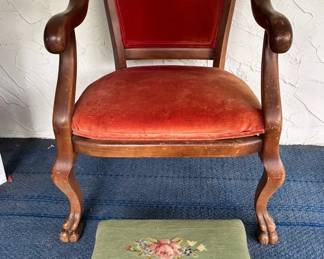 Vintage Wood And Velvet Fabric Arm Chair, Needlepoint Footstool
