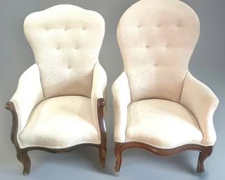 pair of Antique Victorian Chairs. newly reupholstered in expensive damask fabric