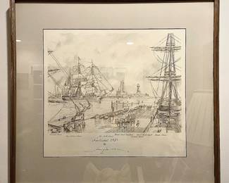 original sketch of Nantucket in late 1800s of large sailing ships and the harbor docs signed by artist $399