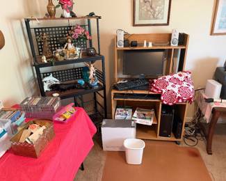 Knick knacks, electronics, computer hutch, shelving unit