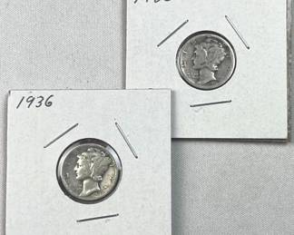 (2) 1936 Mercury Silver Dimes, US 90% Coins