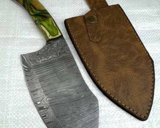 Lg Damascus Steel Fixed Blade Knife w/ Sheath