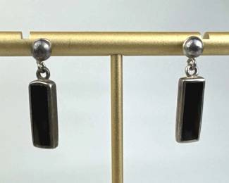 925 Silver Black Onyx Inlay Dangling Post Earrings