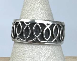 925 Silver Vintage Oxidized Christian Fish Band Ri