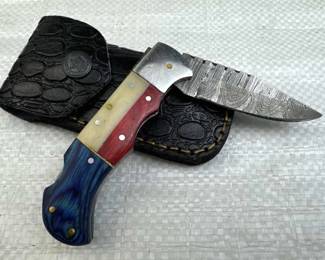 Damascus Steel TX Folding Blade Knife w/ Sheath